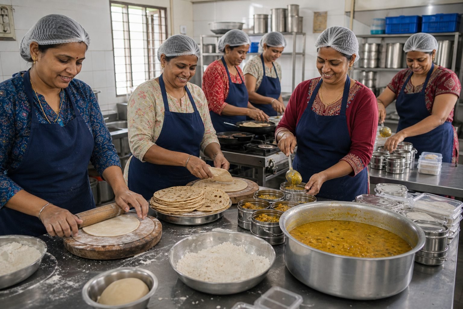 AI-generated representative visual of women volunteers preparing chapatis and food packets