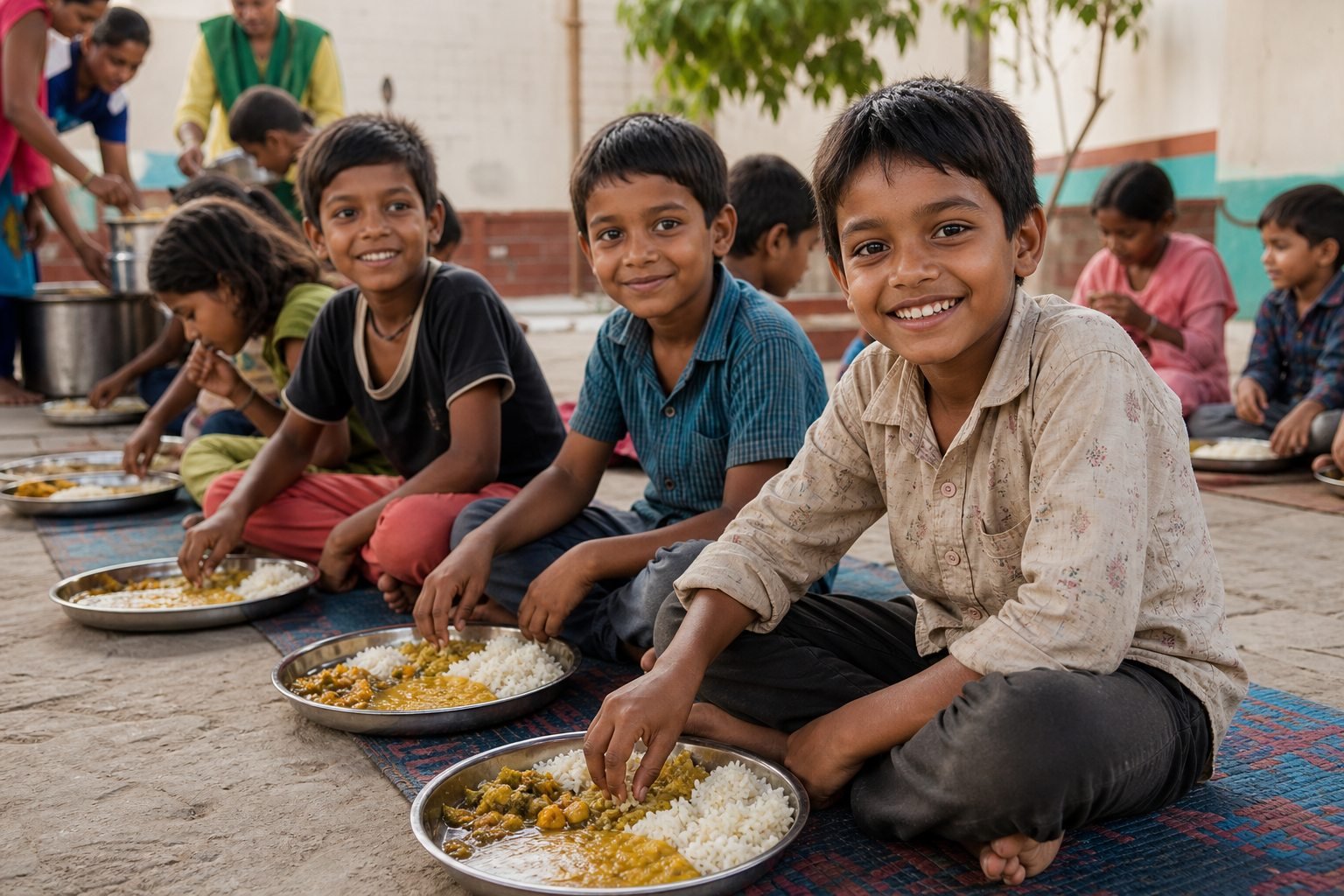 AI-generated representative visual of children eating fresh meals in a community courtyard