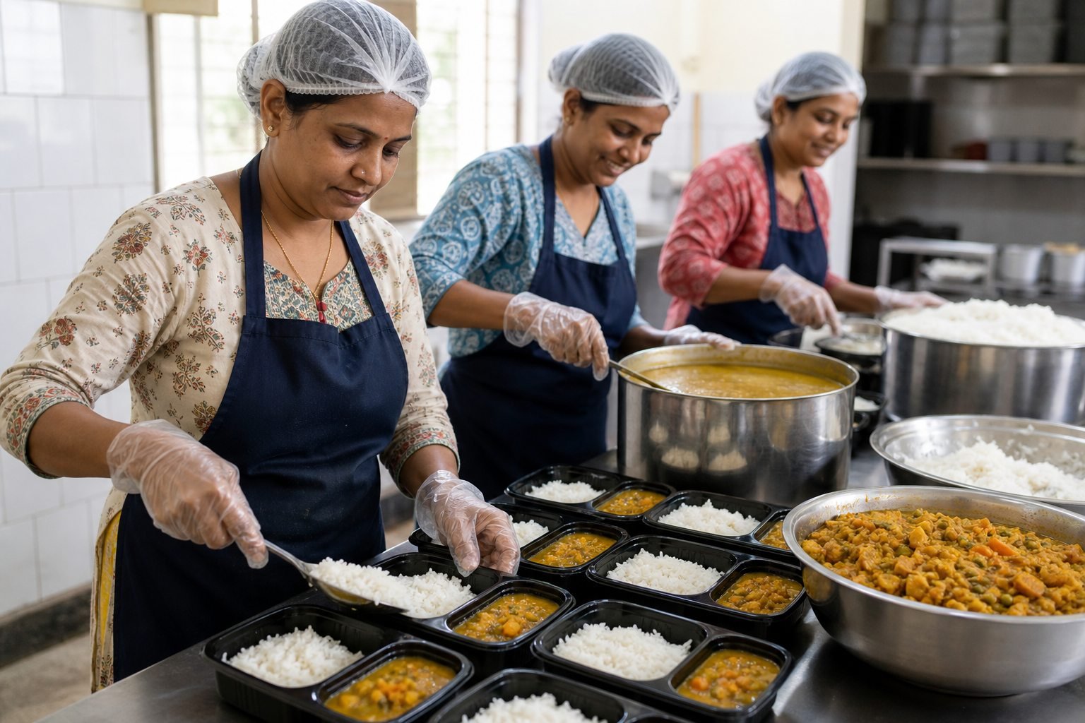 AI-generated representative visual of volunteers packing fresh meals in a community kitchen