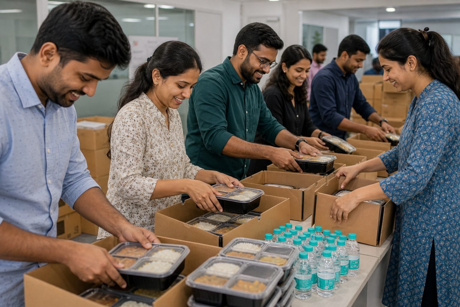 AI-generated representative visual of coworkers packing meal kits for a food drive