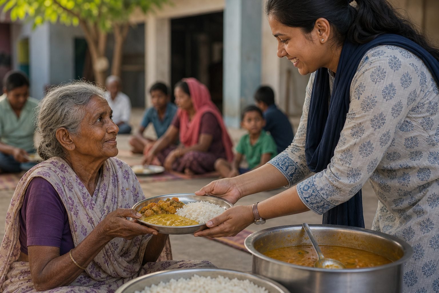 AI-generated representative visual of a volunteer handing a warm meal plate to an elderly woman