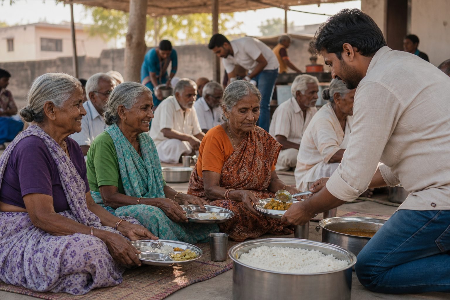 AI-generated representative visual of elderly people receiving fresh meals in a community drive