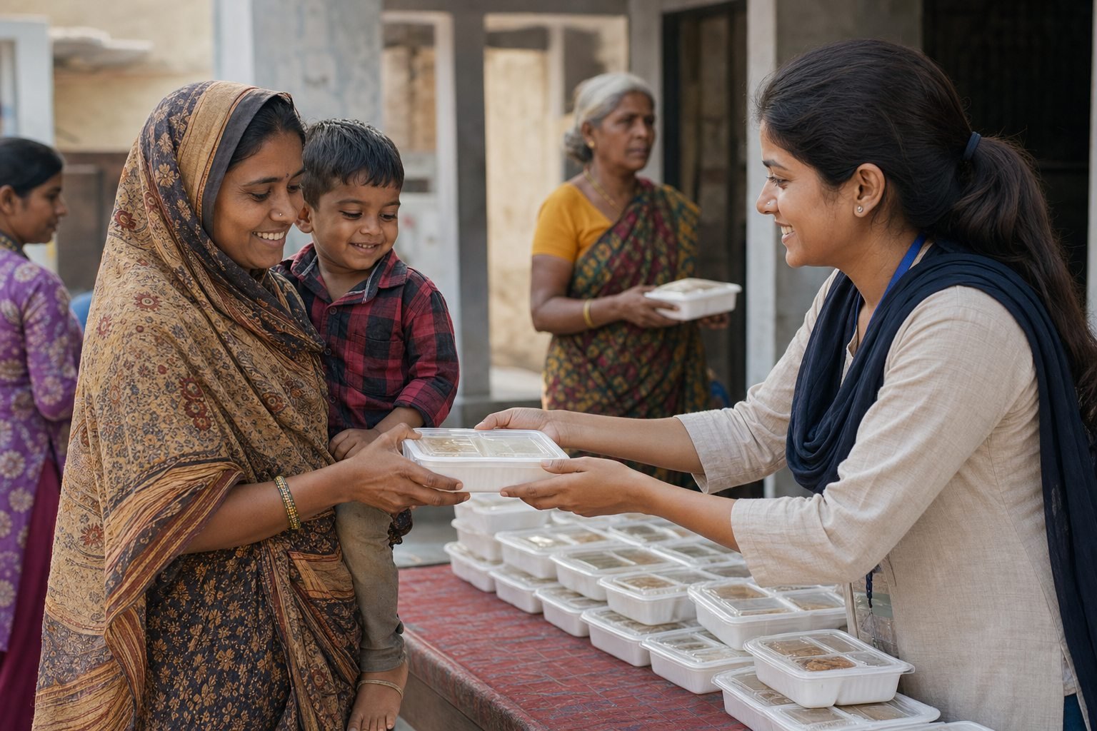 AI-generated representative visual of a mother and child receiving a meal package from a volunteer