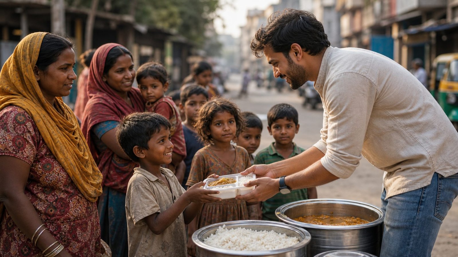AI-generated representative visual of a volunteer respectfully handing a fresh meal to a child