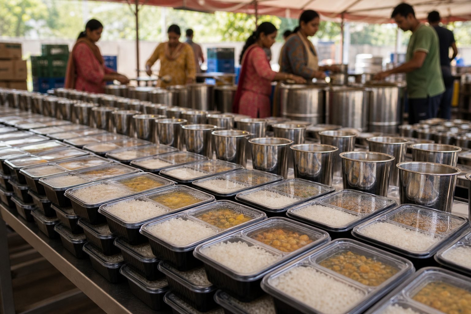 AI-generated representative visual of sealed meal packets arranged before distribution