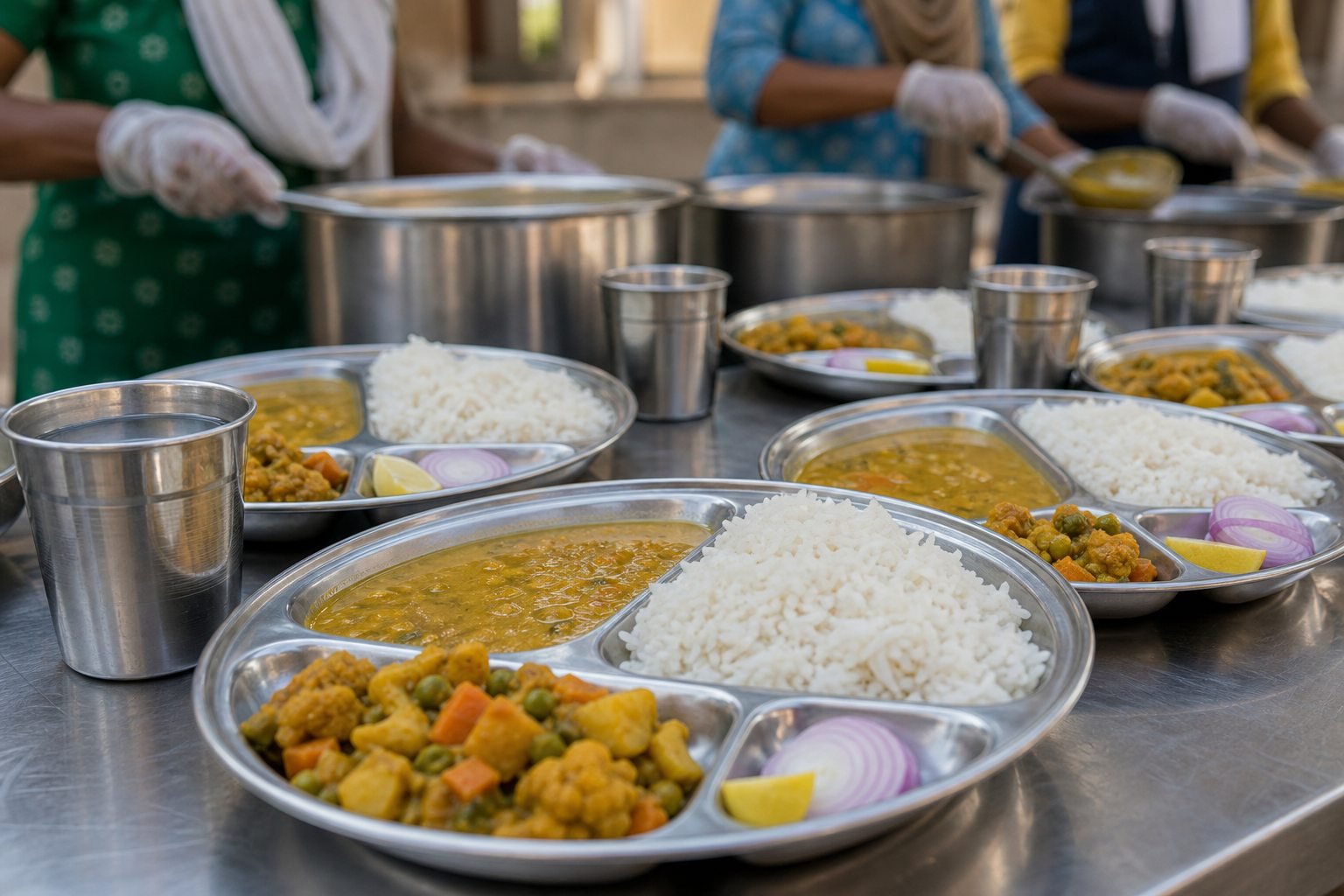 AI-generated representative visual of nutritious meal plates arranged before distribution