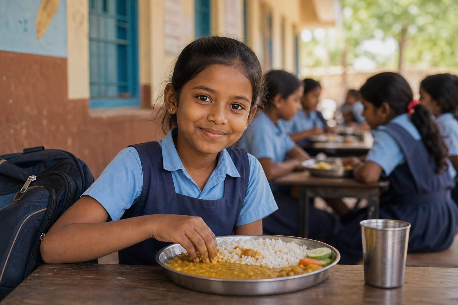 AI-generated representative visual of a school child eating a nutritious meal at a community support table