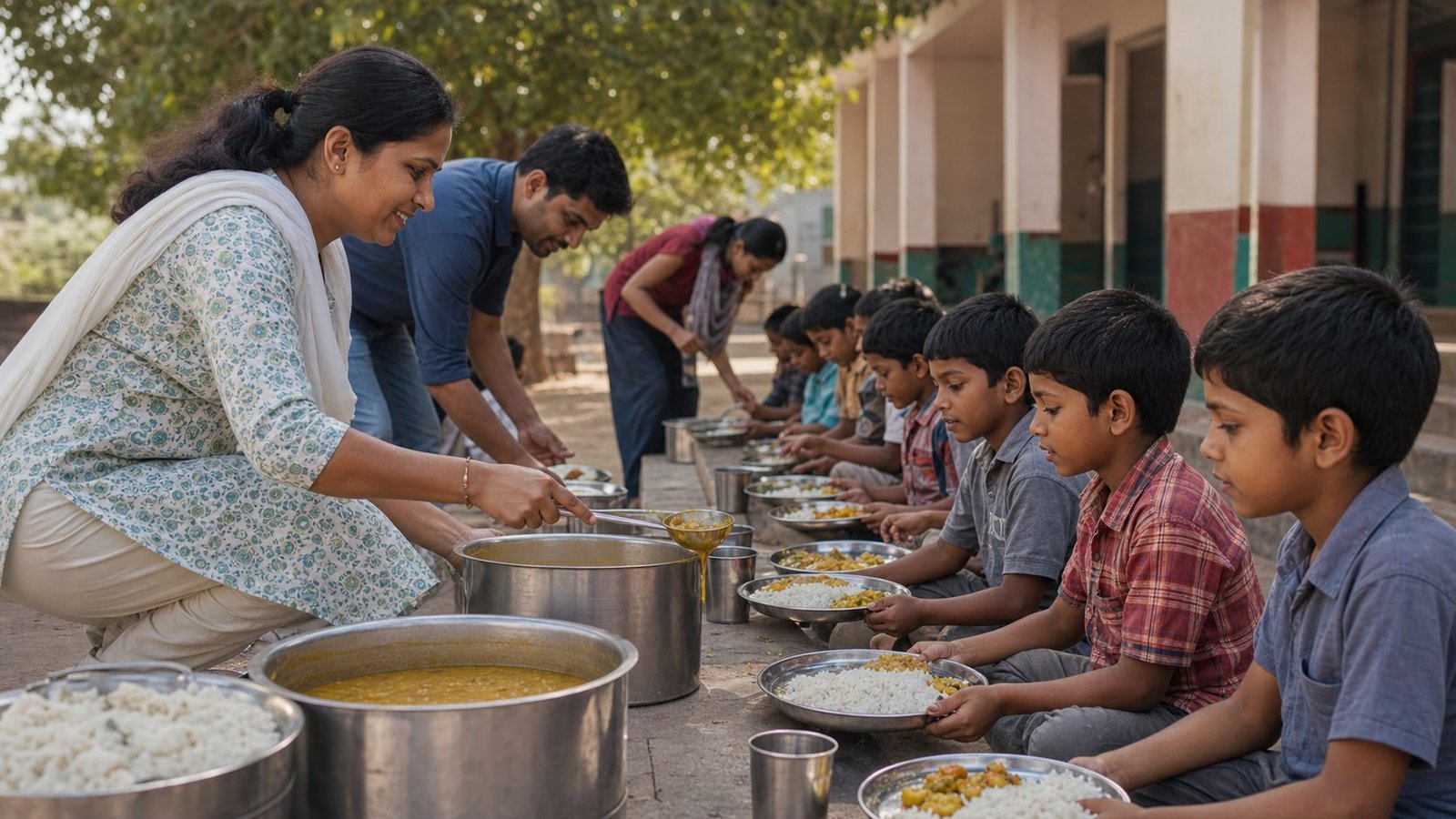 AI-generated representative visual of volunteers serving meals to children in a school courtyard