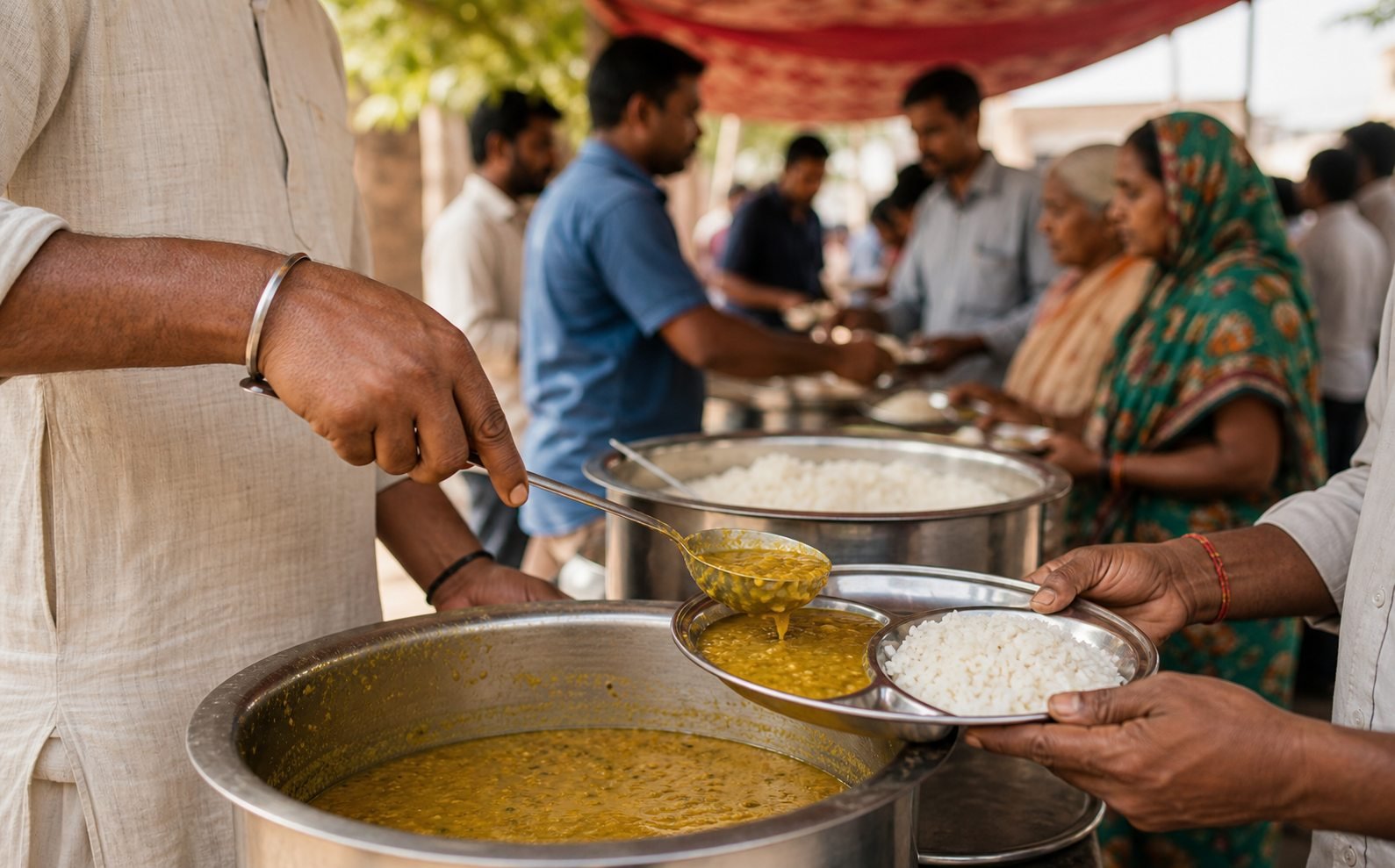 AI-generated representative visual of a volunteer serving dal and rice into clean plates