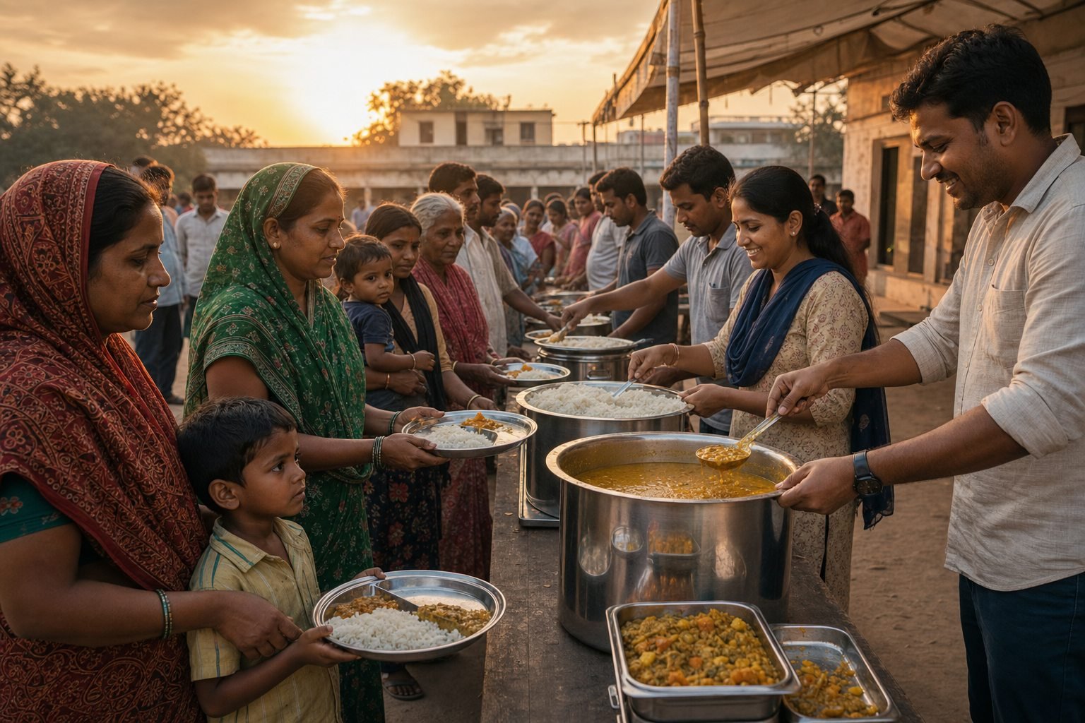 AI-generated representative visual of a community food distribution line at sunset