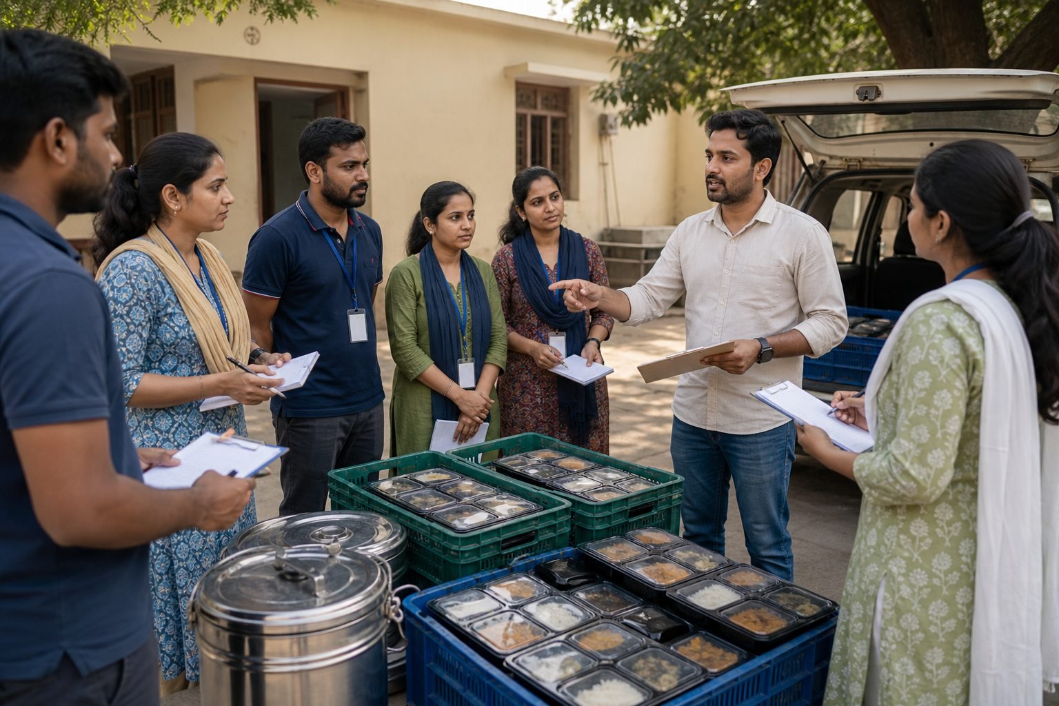 AI-generated representative visual of an NGO team lead planning food distribution with volunteers