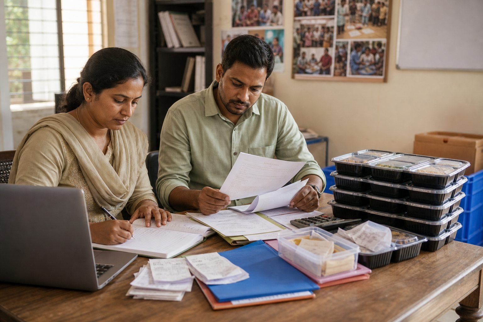 AI-generated representative visual of volunteers reviewing food distribution records and meal boxes