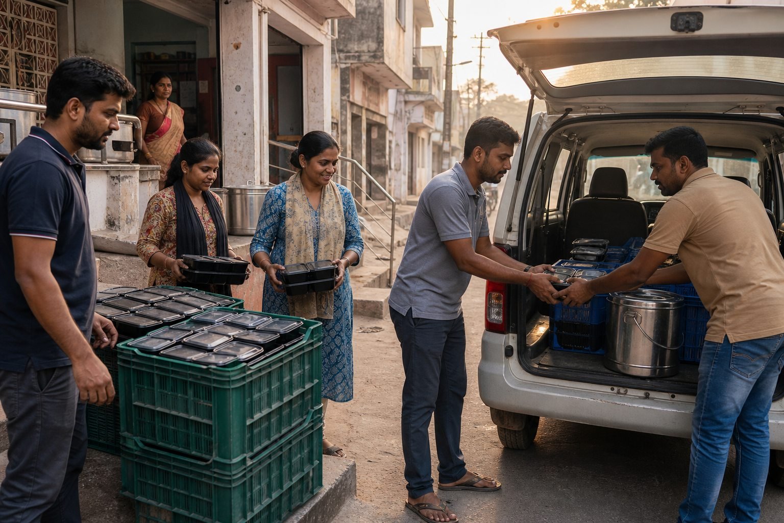 AI-generated representative visual of volunteers loading meal containers for distribution