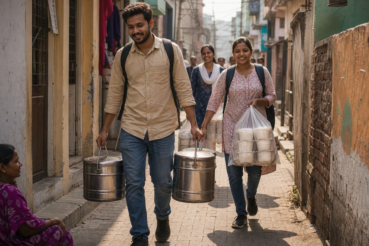 AI-generated representative visual of volunteers carrying insulated food containers through a neighborhood lane